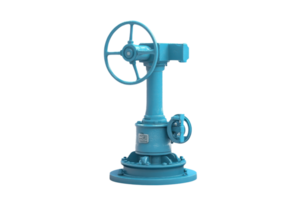 Blue industrial valve with a large wheel handle on a transparent background. isolated mechanical equipment for pipeline control and regulation. png