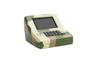Camouflage military equipment with a display and keypad, isolated on a transparent background. Ideal for defense technology and security themes. png