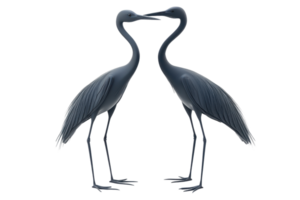 Silhouette of two cranes facing each other with beaks touching, creating a symmetrical and elegant shape against a transparent background. png