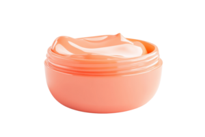 Open jar of creamy skincare product, isolated on transparent background. with smooth texture and peach-colored container. png