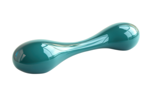 Sleek turquoise double-ended metallic object with glossy texture on transparent background. resembling modern art sculpture or abstract design piece. png