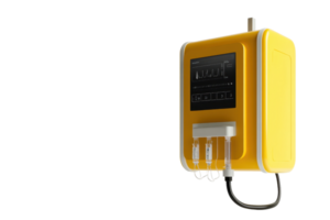 Close-up of a modern yellow electronic device with multiple ports and digital display against a transparent background. png