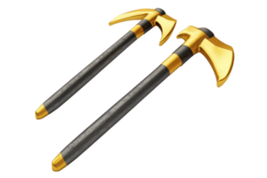 Pair of shiny golden ice axes with black handles, isolated on transparent background. Modern climbing tools for ice and mountain climbing. png