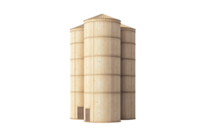 Wooden grain silos stand tall against a transparent background. showcasing their rustic design and sturdy construction for agricultural storage. png