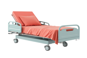 Modern hospital bed with red bedding and adjustable rails on wheels, isolated on transparent background. perfect for healthcare and medical use. png