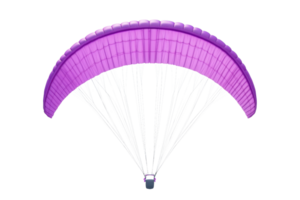 A vibrant purple paraglider isolated on a transparent background. showcasing the intricate design and structure of the canopy and lines. png