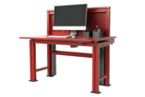 Modern red workbench with a computer monitor, keyboard, and stationery organizer on a transparent background. ideal for a workshop or office setup. png