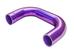 Shiny purple metallic curved pipe isolated on transparent background. 3D rendering, industrial part, futuristic style. png