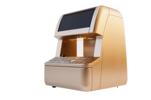Elegant, modern golden computer terminal with integrated keyboard and screen, isolated on transparent background. ideal for technology and vintage themes. png