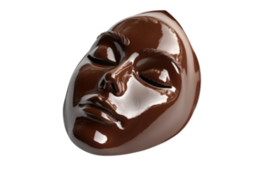 Close-up of a glossy chocolate face mask with serene expression, isolated on a transparent background. Artistic and unique rendering. png