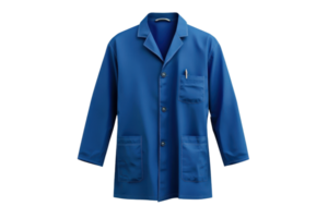 A blue lab coat with long sleeves and front pockets, ideal for science laboratories and medical professionals, isolated on a transparent background. png