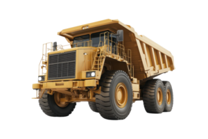 High-resolution image of a large yellow dump truck used for construction and mining purposes, isolated on a transparent background. png