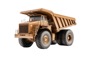 High-resolution image of a heavy-duty mining dump truck, showcasing its robust construction and large tires against a transparent background. png