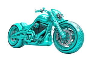 Modern teal motorcycle isolated on transparent background. showcasing detailed design and custom parts in a stylized manner. png