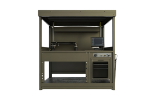 Industrial machine with a control panel and workspace, used for manufacturing or assembly processes. Isolated on transparent background. png