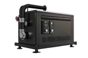 High-performance industrial black inverter generator with control panel and cooling mechanism on a transparent background. png