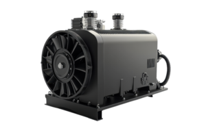 High-performance black industrial air compressor with metal housing and multiple connection points, isolated on a transparent background. png
