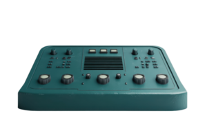 Vintage teal electronic control panel with buttons and knobs, isolated on transparent background. Ideal for retro technology and industrial design concepts. png