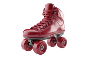 Red roller skate with four wheels, bright and shiny, isolated on a transparent background. Ideal for sports, leisure, and recreation images. png