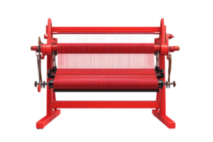 Red handloom weaving machine with threads. Traditional textile manufacturing equipment. Front view isolated on transparent background. png