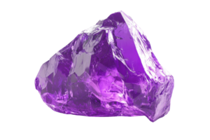 Close-up of a vibrant purple crystal with sharp edges and a translucent texture, showcasing its natural beauty against a transparent background. png