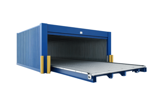 Blue industrial cargo container with an extended ramp for easy loading and unloading of goods, isolated on a transparent background. png