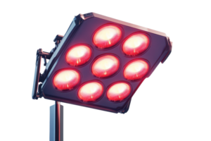 Close-up of a modern LED floodlight with multiple red lights glowing, isolated on a transparent background. Ideal for industrial and architectural use. png