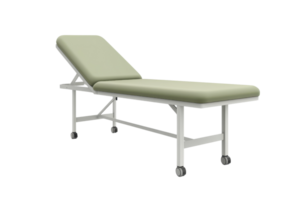 Medical examination bed with adjustable backrest, featuring soft cushioning and sturdy metal frame on wheels for easy mobility. png