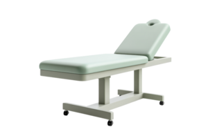 Adjustable medical examination table with mint-green cushioning, ideal for healthcare and clinic environments. Features a sturdy design. png