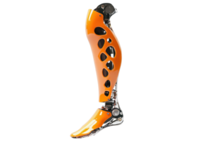 Modern orange prosthetic leg with sleek design and mechanical components, representing advanced technology in artificial limbs. png