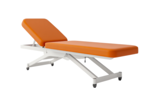 Adjustable massage table with orange padding and white frame, perfect for spa, therapy, and medical use. Modern design and comfortable. png