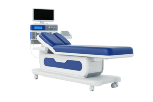 Modern medical examination table with blue padding and attached monitor, ideal for healthcare and clinical environments. png