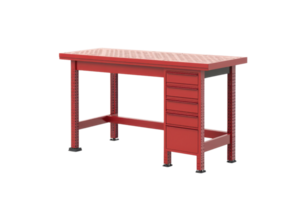 Sturdy red metal workbench with a grid surface and side drawers for efficient tool storage and workspace organization in workshops or garages. png