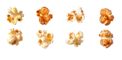 High-resolution image of assorted popcorn kernels isolated on a transparent background. showcasing different flavors and textures. png