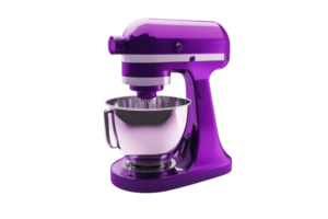 Purple stand mixer with shiny metal bowl, ideal for baking and cooking enthusiasts, offering efficiency and style in the kitchen. png
