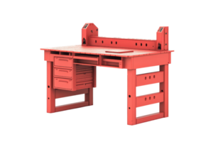 Red industrial workbench with multiple drawers and sturdy design, suitable for workshops and manufacturing settings. png