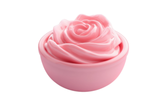 A close-up of a pink rose-shaped cream in a pink bowl, isolated on a transparent background. Great for beauty and skincare themes. png