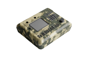 Camouflage military equipment with screen and buttons for tactical operations or outdoor activities. High-tech and rugged design. png
