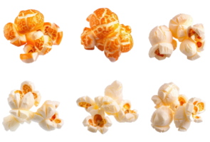 Close-up of popcorn and peeled orange segments isolated on transparent background. showing texture and detail of food items. png