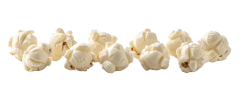 Close-up of freshly popped popcorn kernels lined up against a transparent background. capturing the texture and detail of a favorite snack. png
