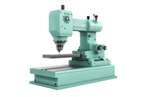 Close-up of a teal industrial milling machine used in manufacturing and mechanical work, perfect for machining and metalworking applications. png