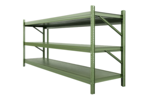Empty industrial metal shelving unit with multiple levels, ideal for storage and organization in warehouse or garage settings. png