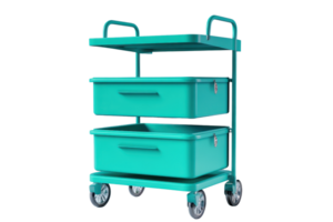 Green utility cart with shelves and drawers for storage on wheels, ideal for organizing and transporting items in various settings. png