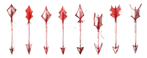 Set of red medieval-style arrows with intricate designs, isolated on transparent background. Ideal for games and design elements. png