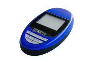Isolated image of a blue electronic gadget resembling a portable terminal or payment device, with a colored screen and buttons. png