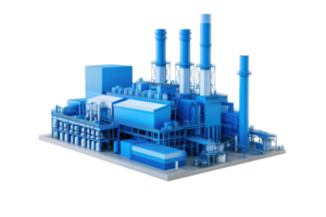 3D rendering of an industrial factory in blue tones, showcasing a modern manufacturing plant with multiple chimneys and a detailed structure. png
