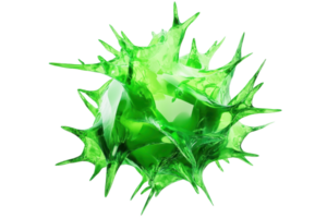3D rendering of a green viral particle, sharp spikes, representing illness or infection. Vivid, detailed, and fluorescent appearance. png