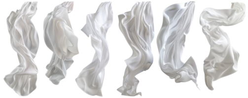 Set of white silk fabric flowing in air, isolated on transparent background. High resolution drapery textures for creative design projects. png