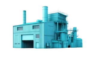 Aerial view of a modern blue industrial factory building with complex machinery, smokestacks, and multiple windows isolated on transparent background. png