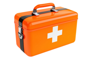 Bright orange first aid kit with white cross symbol for emergency medical assistance, suitable for health and safety preparedness. png
